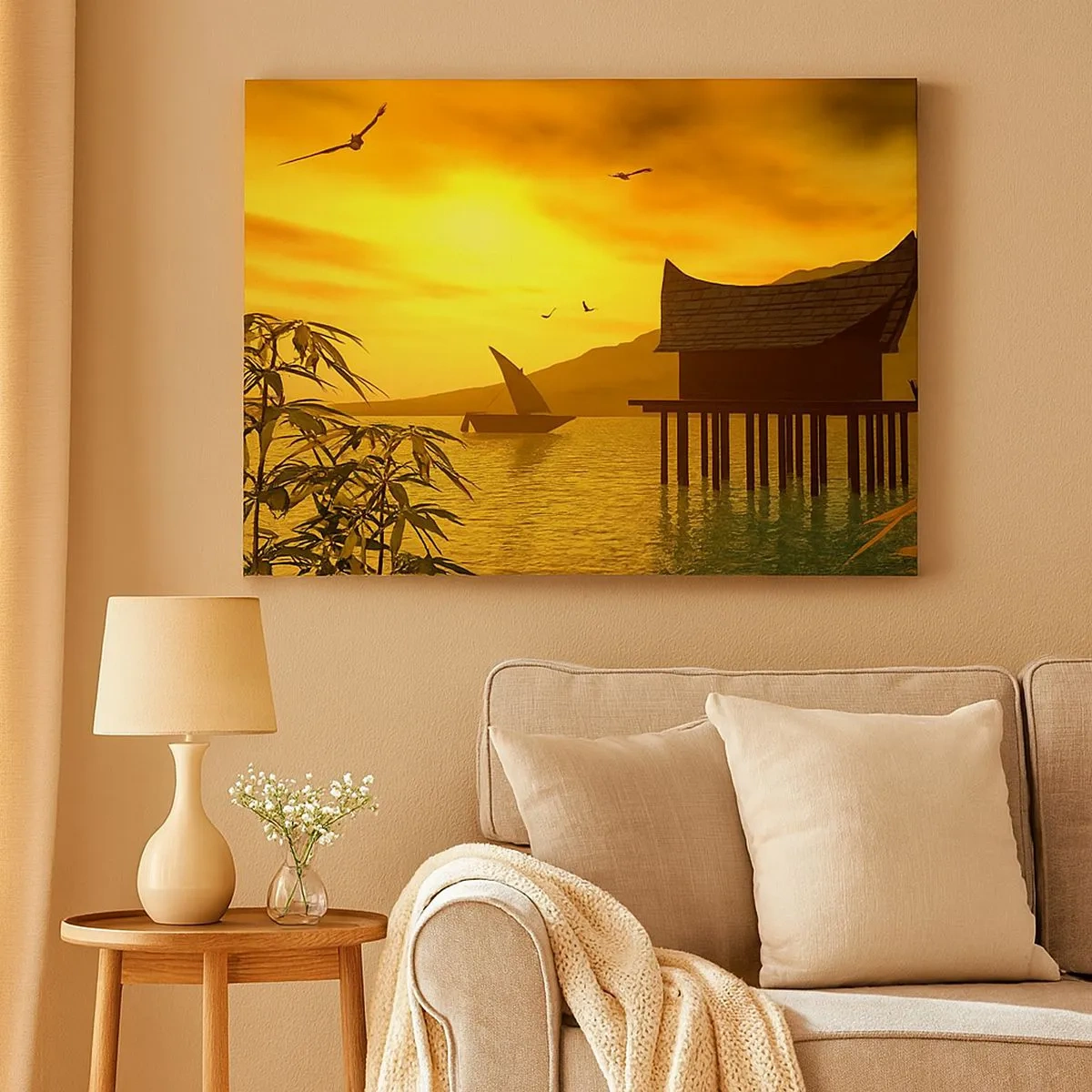 Cuadro sobre lienzo - Impresión de Imagen - Puesta de sol tropical sobre el agua con casa de madera sobre pilotes. - 70x50cm - La ansiada paz - Decoración de pared moderna para salón y dormitorio ARTTOR