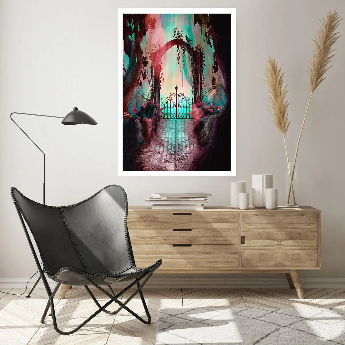 Póster - Una puerta misteriosa en el bosque con un fondo colorido. - 50x70cm - Jardín secreto - Decoración de pared moderna para salón y dormitorio ARTTOR