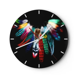 Reloj de pared - Reloj de vidrio - Plumas de colores sobre un fondo negro - 30x30cm - Collar indio - Decoración de pared moderna para salón, cocina y dormitorio ARTTOR