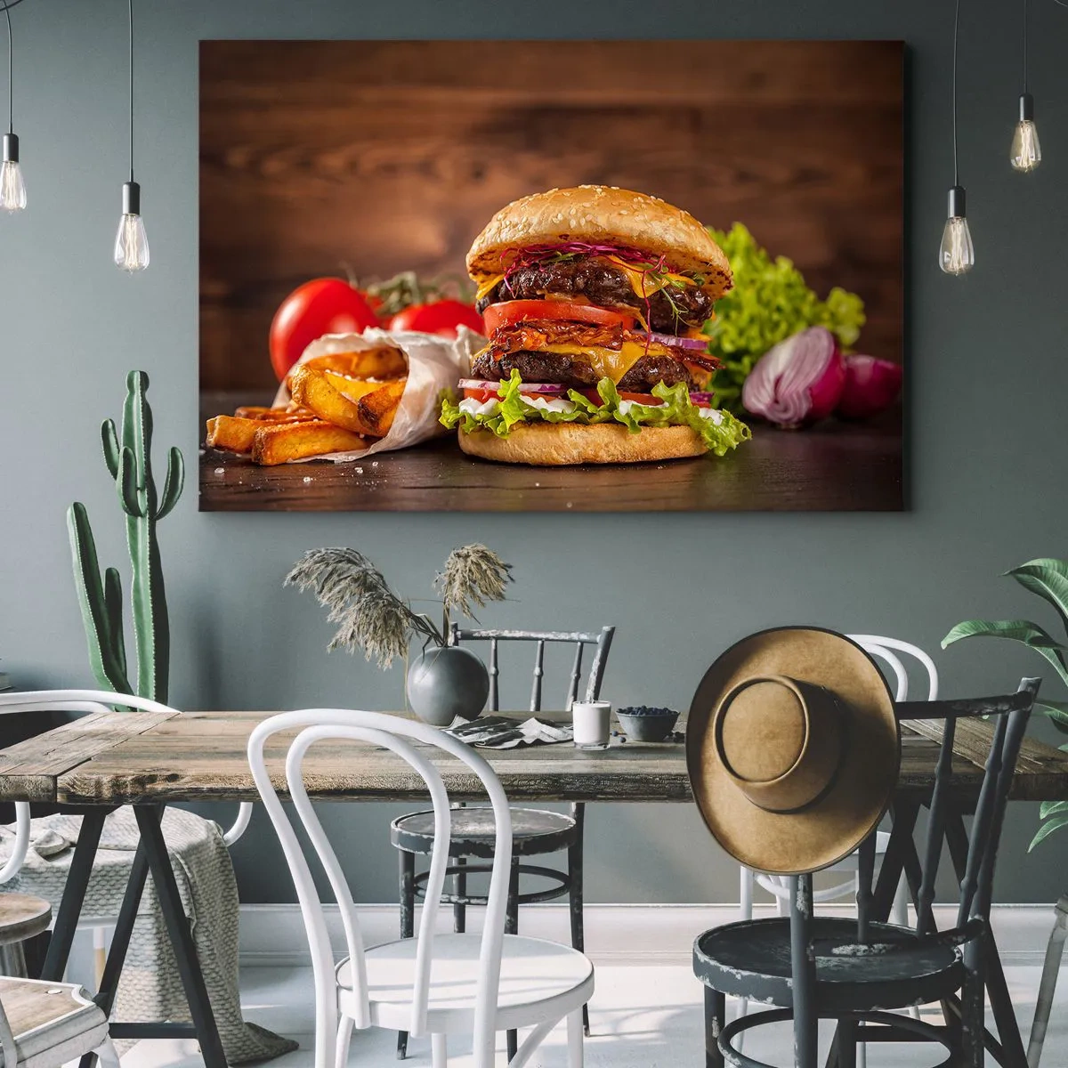 Cuadro sobre lienzo - Impresión de Imagen - Apetitosa hamburguesa con extras - 100x70cm - Fruta prohibida - Decoración de pared moderna para salón y dormitorio ARTTOR