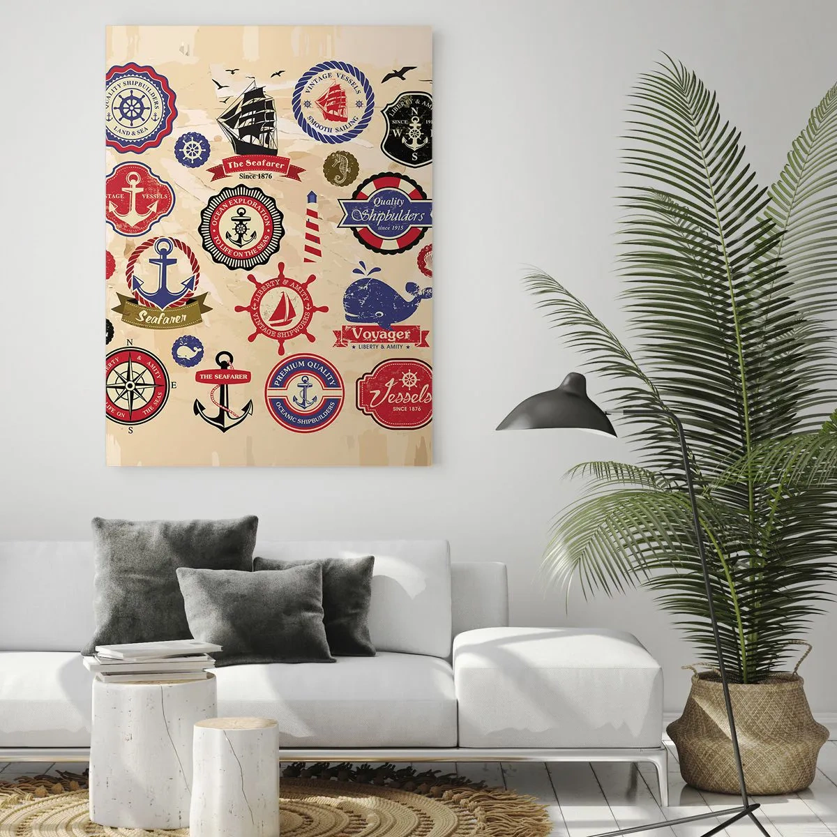 Cuadro sobre vidrio - Impresiones sobre Vidrio - Una colección de gráficos y símbolos náuticos sobre un fondo claro. - 70x100cm - Una fraternidad del mar - Decoración de pared moderna para salón y dormitorio ARTTOR