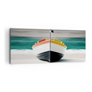 Cuadro sobre lienzo - Impresión de Imagen - Un barco en la playa con un mar turquesa al fondo. - 120x50cm - En su lugar exacto - Decoración de pared moderna para salón y dormitorio ARTTOR