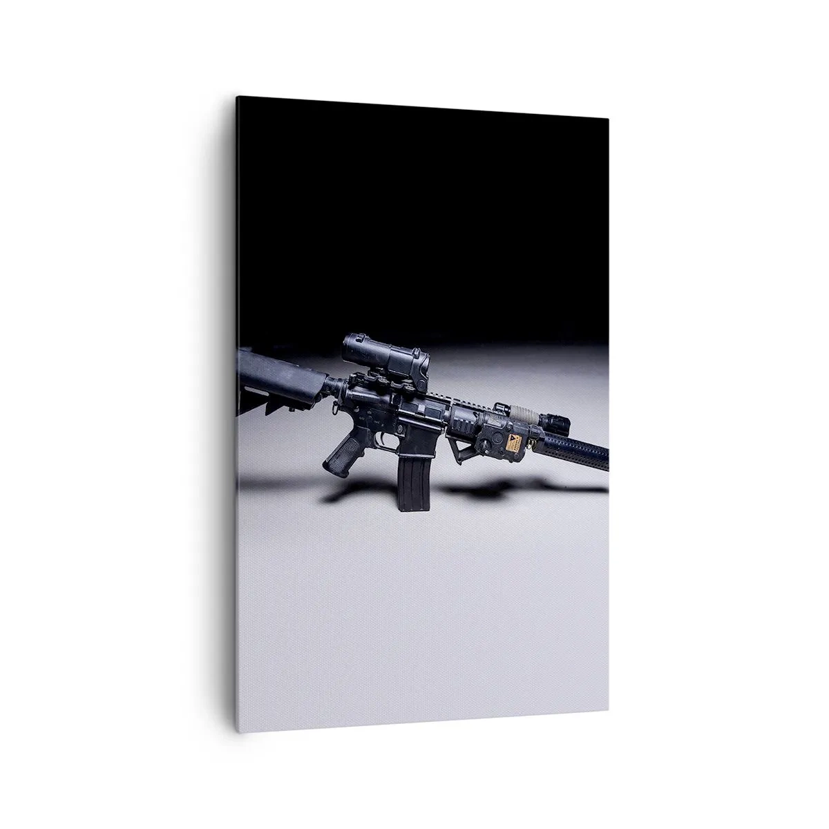 Cuadro sobre lienzo - Impresión de Imagen - Un rifle moderno en negro sobre un fondo oscuro. - 80x120cm - Un caballero oscuro - Decoración de pared moderna para salón y dormitorio ARTTOR