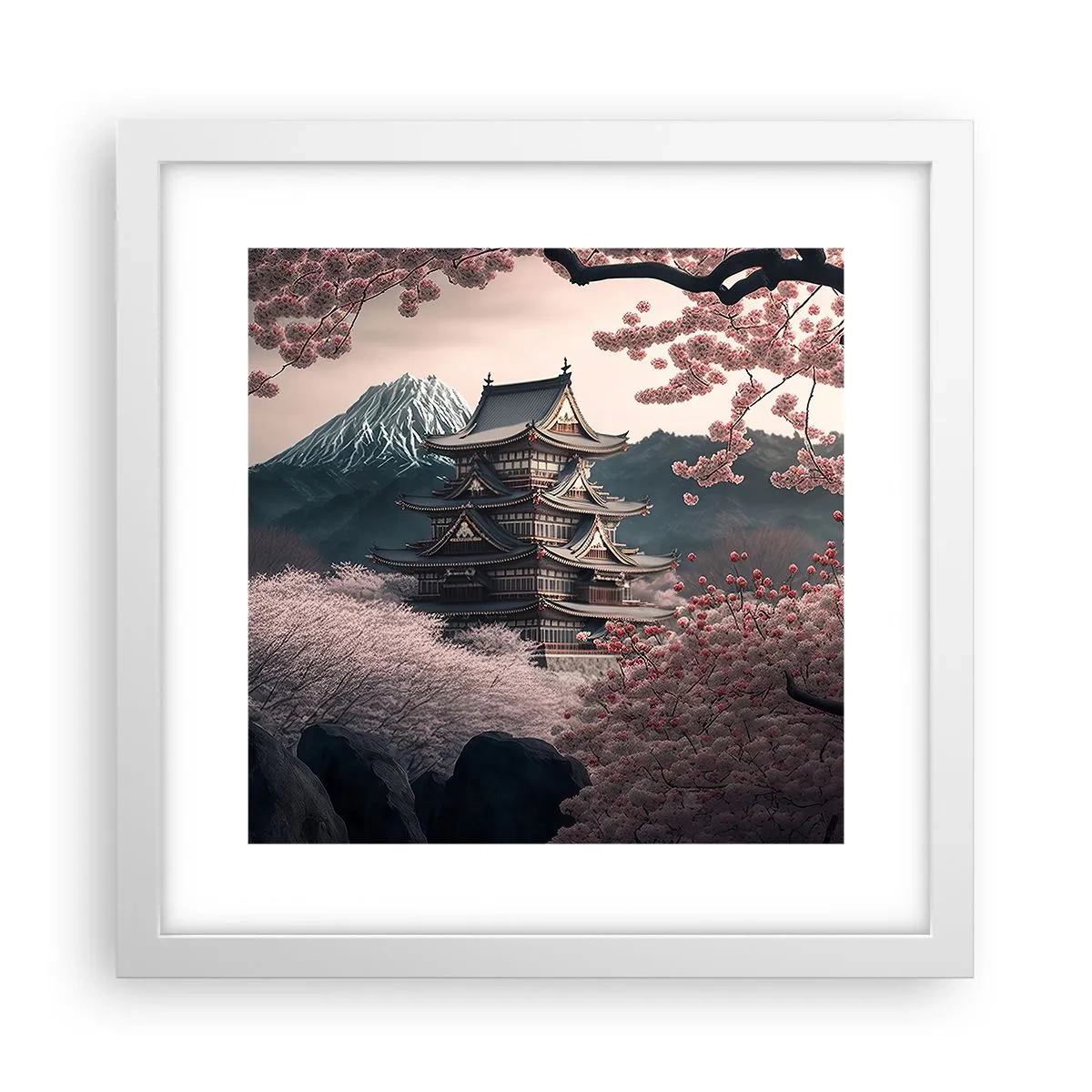 Póster en marco blanco - Tierra de cerezos en flor - 30x30 cm