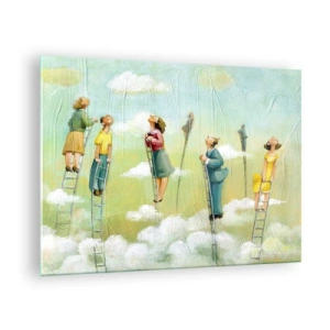 Cuadro sobre vidrio - Impresiones sobre Vidrio - Figuras subiendo escaleras entre las nubes - 70x50cm - Sigue tu sueño - Decoración de pared moderna para salón y dormitorio ARTTOR