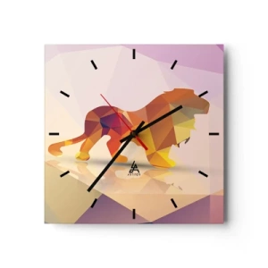 Reloj de pared - Reloj de vidrio - Silueta geométrica de un león en tonos amarillo y naranja. - 30x30cm - El rey de los diamantes - Decoración de pared moderna para salón y dormitorio ARTTOR