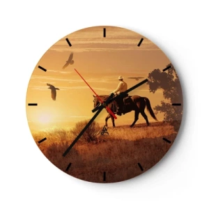 Reloj de pared - Reloj de vidrio - Vaquero a caballo al atardecer - 30x30cm - Solo a través de la pradera - Decoración de pared moderna para salón, cocina y dormitorio ARTTOR