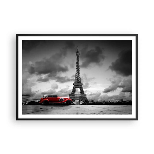 Póster en marco negro - Coche retro rojo frente a la Torre Eiffel en blanco y negro - 100x70cm - No hace mucho tiempo, en París - Decoración de pared moderna para salón y dormitorio ARTTOR