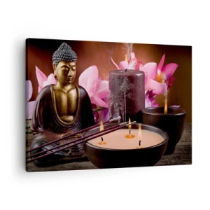 Cuadro sobre lienzo - Impresión de Imagen - Figura de Buda con velas encendidas y varillas de incienso. - 70x50cm - Despejar la mente, calmar el cuerpo - Decoración de pared moderna para salón y dormitorio ARTTOR