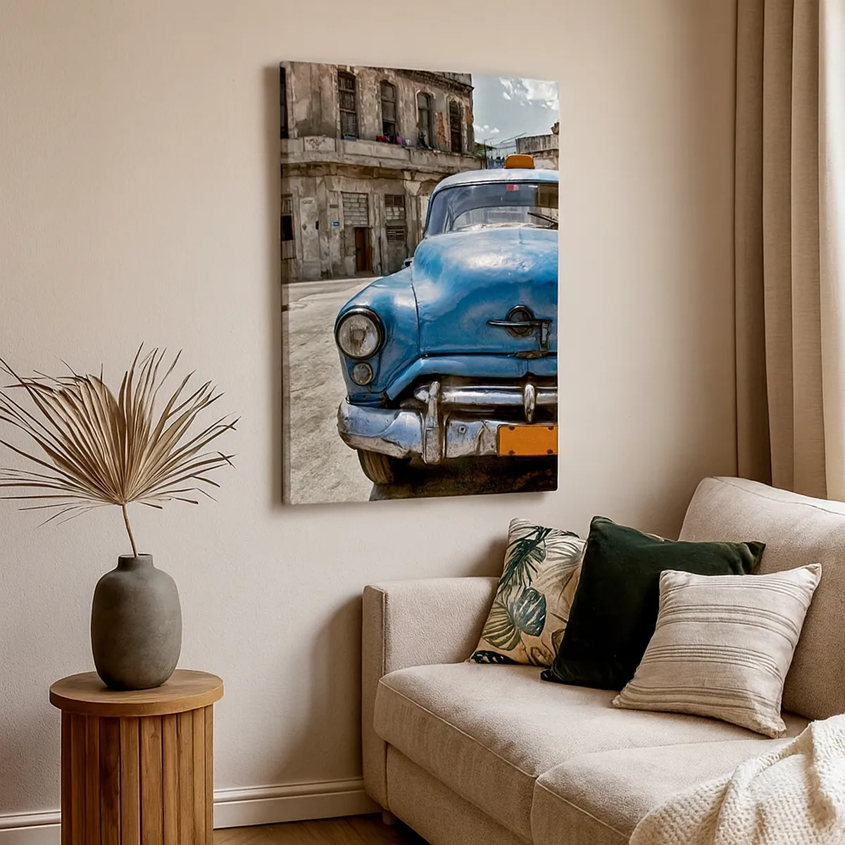 Cuadro sobre lienzo - Impresión de Imagen - Un viejo coche azul en la calle en estilo retro. - 50x70cm - Lo antiguo es hermoso - Decoración de pared moderna para salón y dormitorio ARTTOR