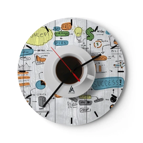 Reloj de pared - Reloj de vidrio - Una taza de café con un plan de negocios y gráficos como telón de fondo. - 30x30cm - Tiempo de descanso - Decoración de pared moderna para salón, cocina y dormitorio ARTTOR