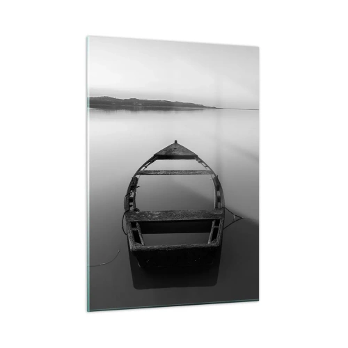 Cuadro sobre vidrio - Impresiones sobre Vidrio - Un viejo barco en una superficie de agua tranquila en blanco y negro. - 50x70cm - Anhelo y melancolía - Decoración de pared moderna para salón y dormitorio ARTTOR