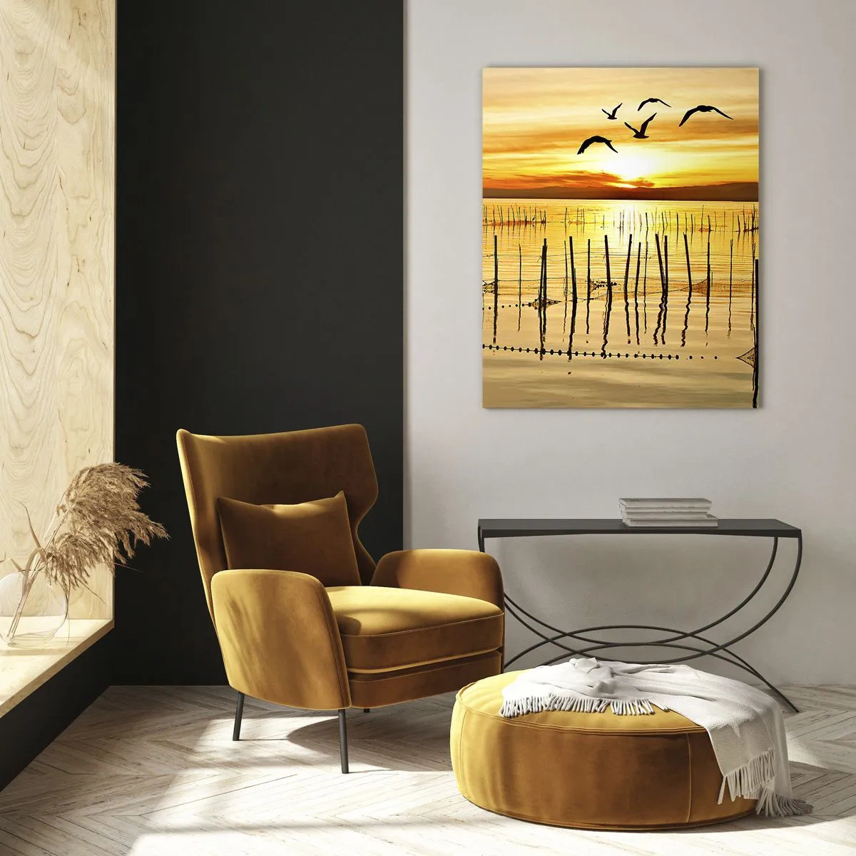 Cuadro sobre vidrio - Impresiones sobre Vidrio - Puesta de sol sobre el agua con pájaros en vuelo - 80x120cm - Horizonte naranja - Decoración de pared moderna para salón y dormitorio ARTTOR