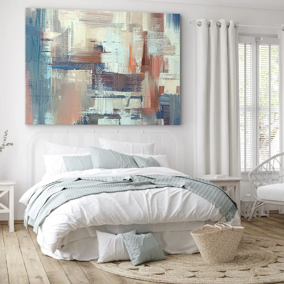 Cuadro sobre lienzo - Impresión de Imagen - Composición abstracta en tonos azules y beige. - 70x50cm - Alcanzando la luz - Decoración de pared moderna para salón y dormitorio ARTTOR