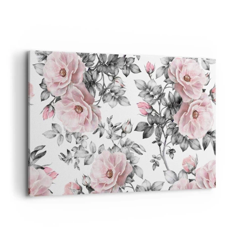 Cuadro sobre lienzo - Impresión de Imagen - Rosas rosas y hojas sobre un delicado fondo blanco y negro. - 120x80cm - Entre las rosas - Decoración de pared moderna para salón y dormitorio ARTTOR