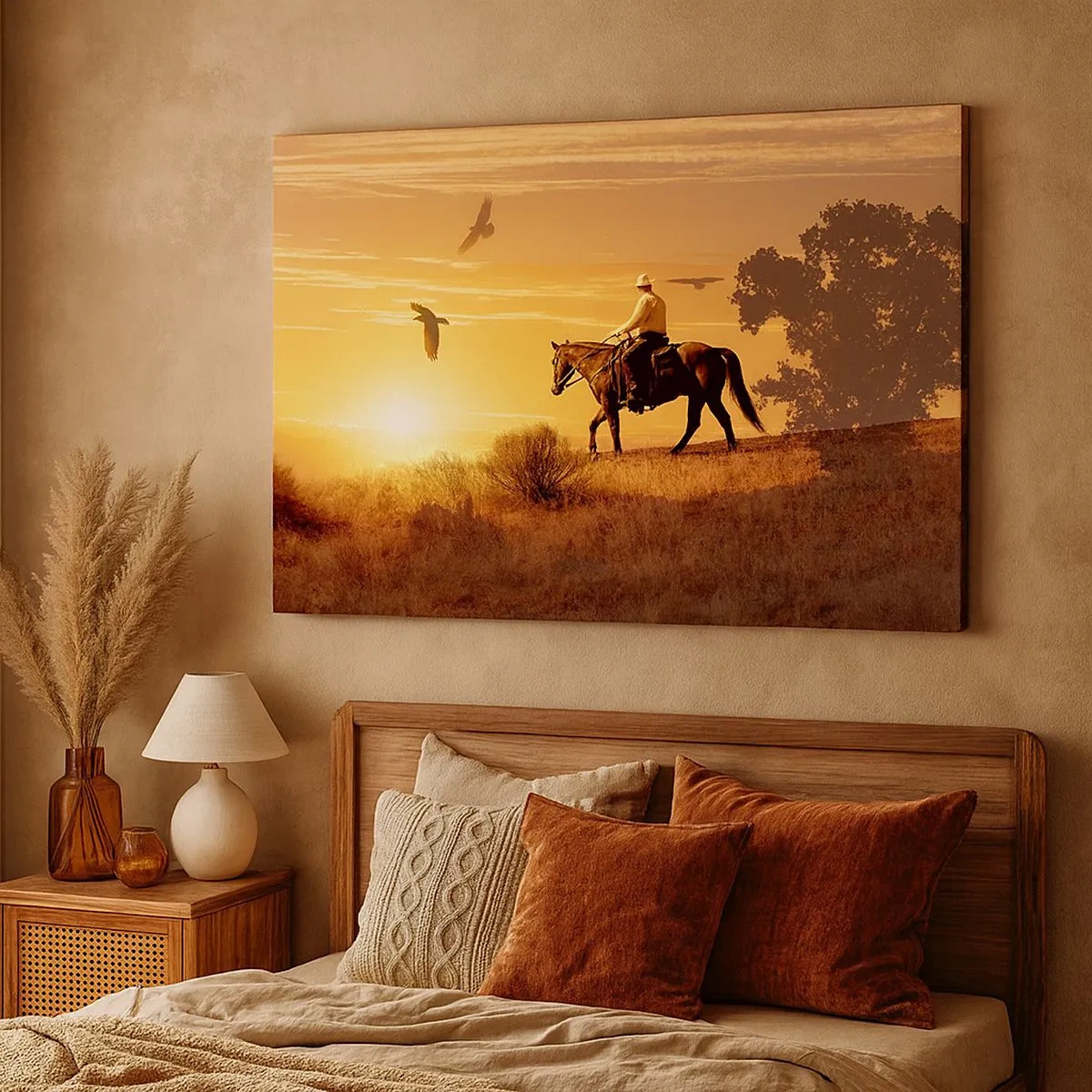 Cuadro sobre lienzo - Impresión de Imagen - Un jinete a caballo al atardecer contra la pradera. - 70x50cm - Solo a través de la pradera - Decoración de pared moderna para salón y dormitorio ARTTOR