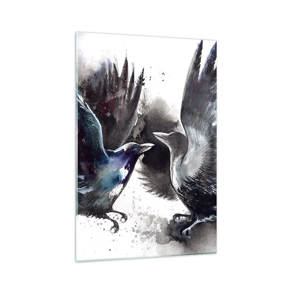 Cuadro sobre vidrio - Impresiones sobre Vidrio - Cuervos artísticos en una composición dinámica de acuarela. - 70x100cm - De cuervo a cuervo... - Decoración de pared moderna para salón y dormitorio ARTTOR