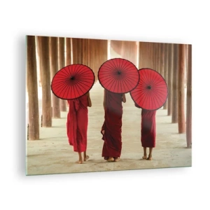 Cuadro sobre vidrio - Impresiones sobre Vidrio - Monjes con paraguas rojos caminando por un pasillo de madera - 70x50cm - En el camino a la Tierra Pura - Decoración de pared moderna para salón y dormitorio ARTTOR