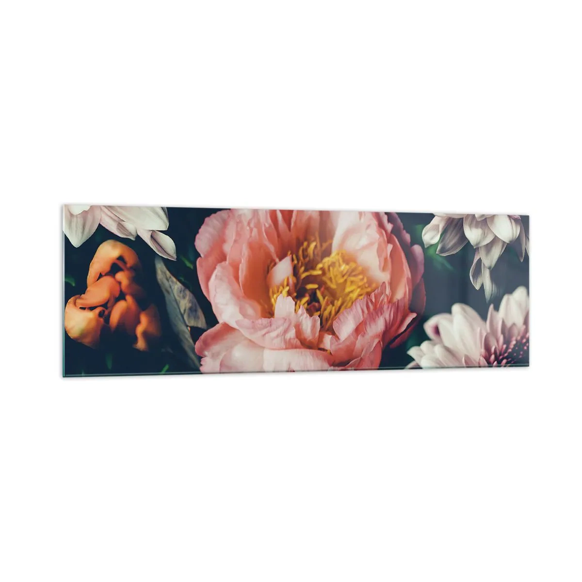 Cuadro sobre vidrio - Impresiones sobre Vidrio - Arreglo floral con peonías y crisantemos sobre fondo oscuro. - 160x50cm - Con esplendor barroco - Decoración de pared moderna para salón y dormitorio ARTTOR
