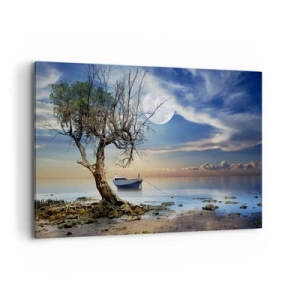 Cuadro sobre lienzo - Impresión de Imagen - Un árbol solitario y un barco en aguas tranquilas bajo la luna llena. - 120x80cm - ¿Es el final o el principio? - Decoración de pared moderna para salón y dormitorio ARTTOR
