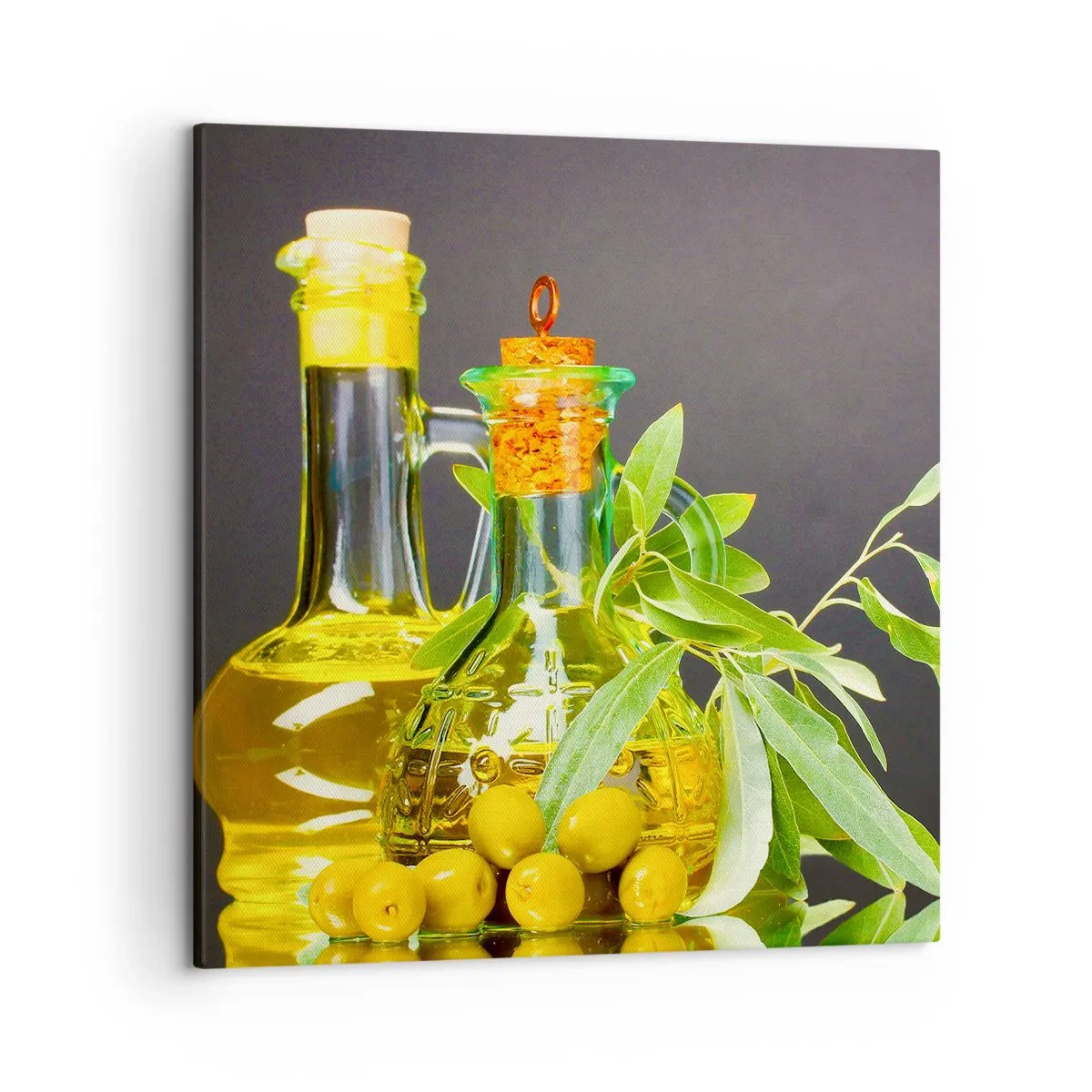 Cuadro sobre lienzo - Impresión de Imagen - Bodegón con aceitunas y aceite - 50x50 cm