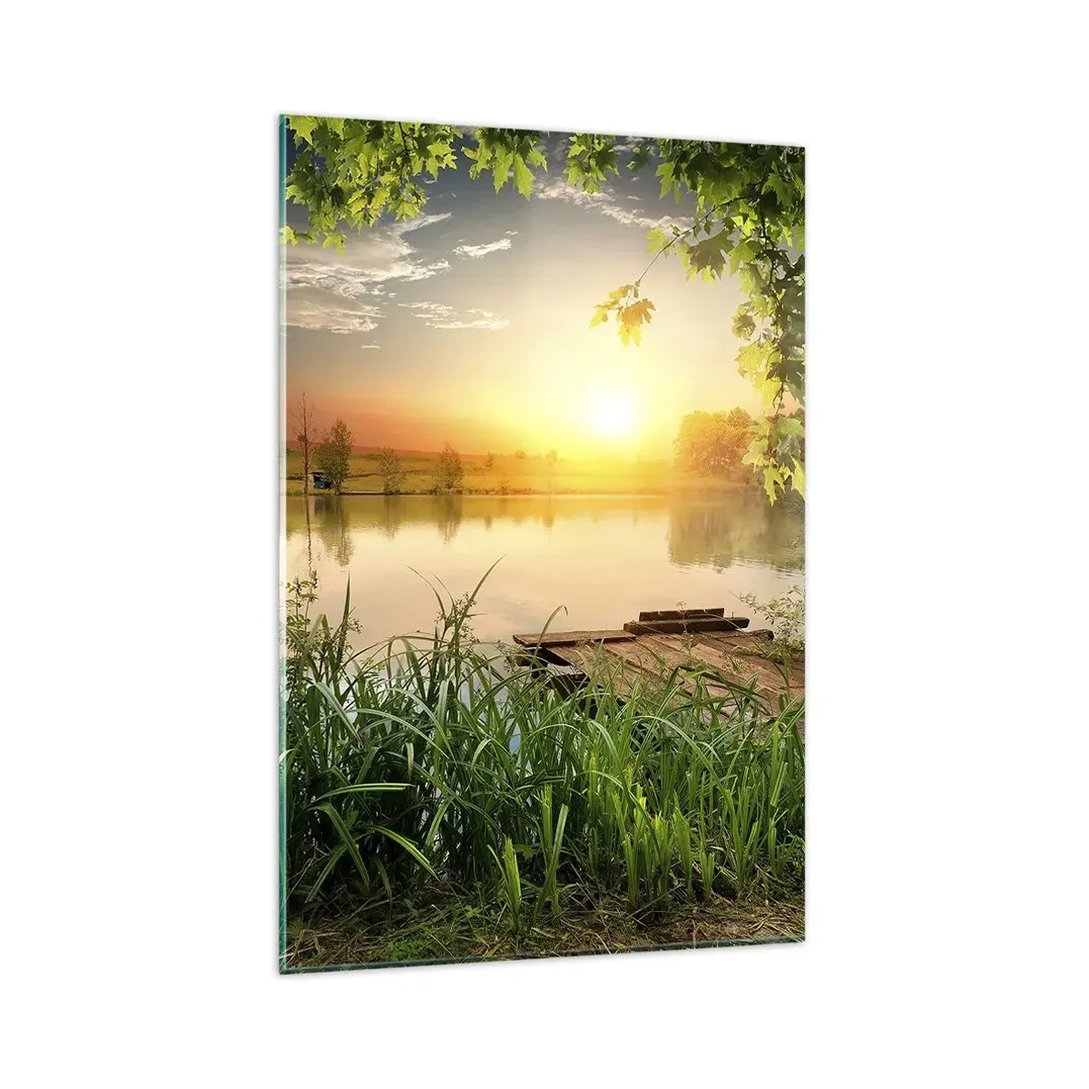 Cuadro sobre vidrio - Impresiones sobre Vidrio - Paisaje verde con un lago al atardecer - 80x120cm - Paisaje en un marco verde - Decoración de pared moderna para salón y dormitorio ARTTOR