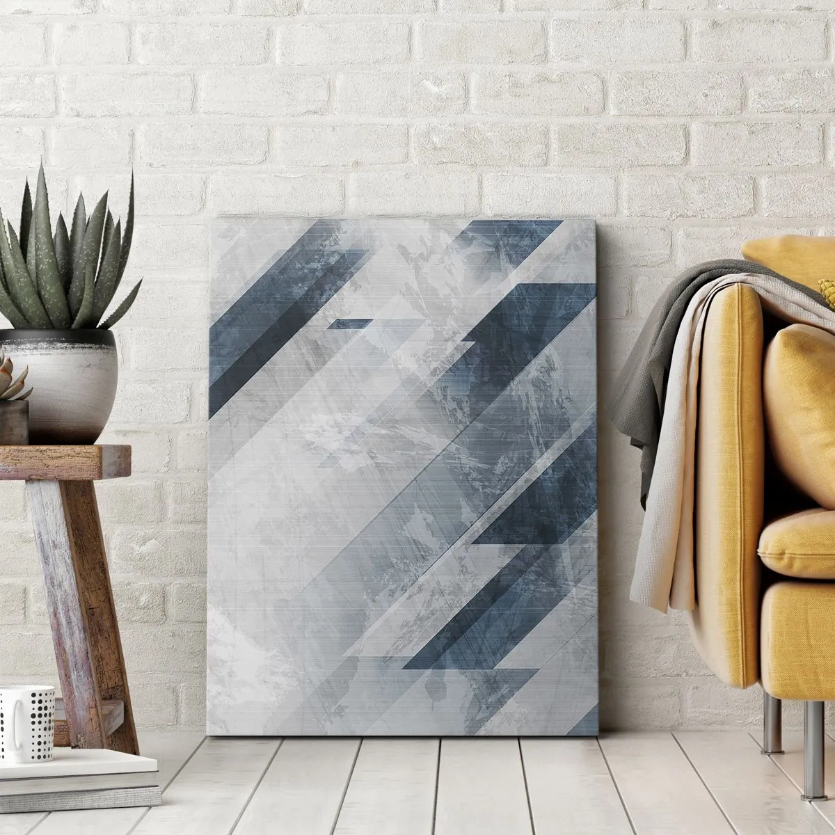 Cuadro sobre lienzo - Impresión de Imagen - Líneas abstractas en tonos grises y azules. - 50x70cm - Composición espacial - movimiento de grises - Decoración de pared moderna para salón y dormitorio ARTTOR