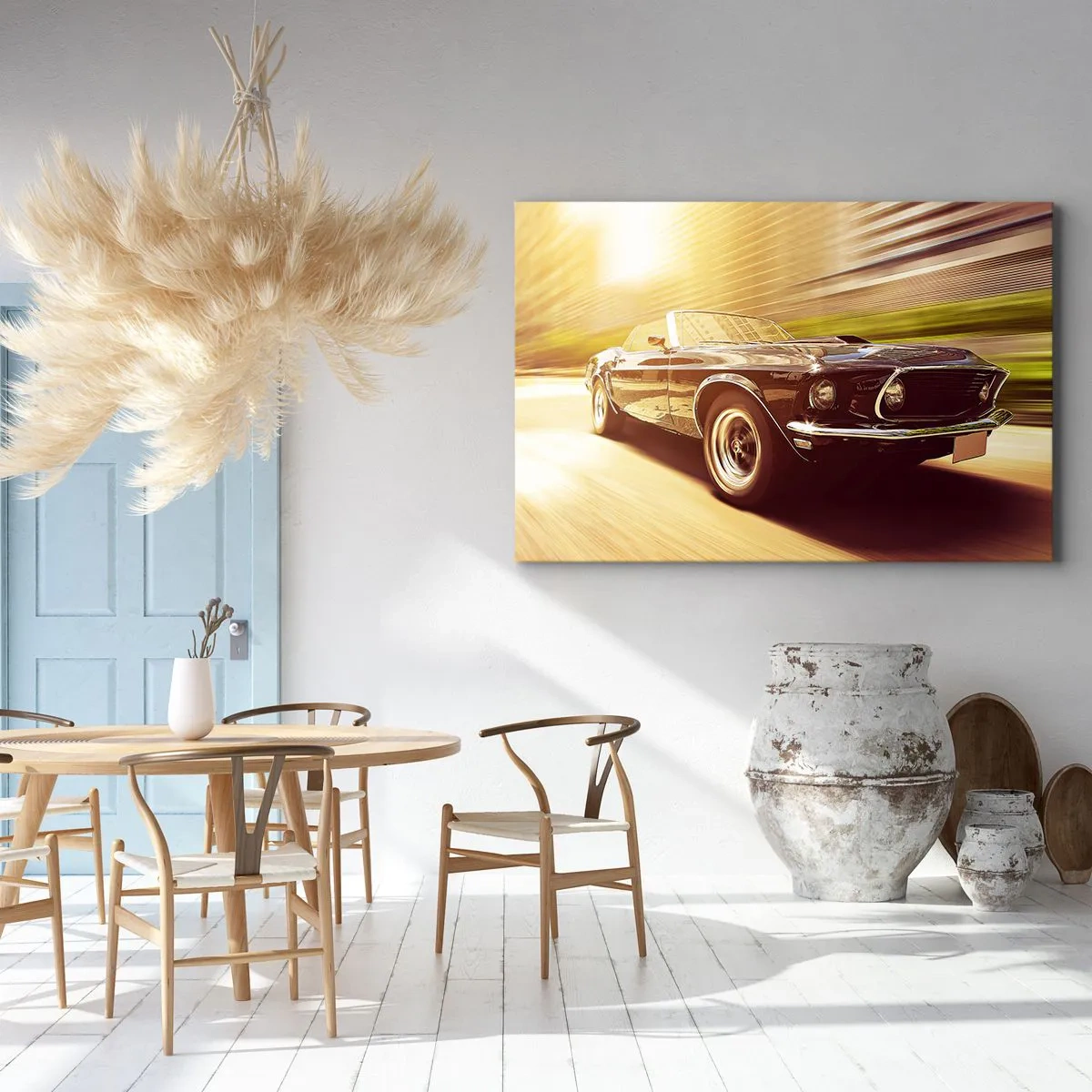 Cuadro sobre lienzo - Impresión de Imagen - Un coche clásico en movimiento con un telón de fondo urbano. - 70x50cm - 1967 - El retorno de una leyenda - Decoración de pared moderna para salón y dormitorio ARTTOR