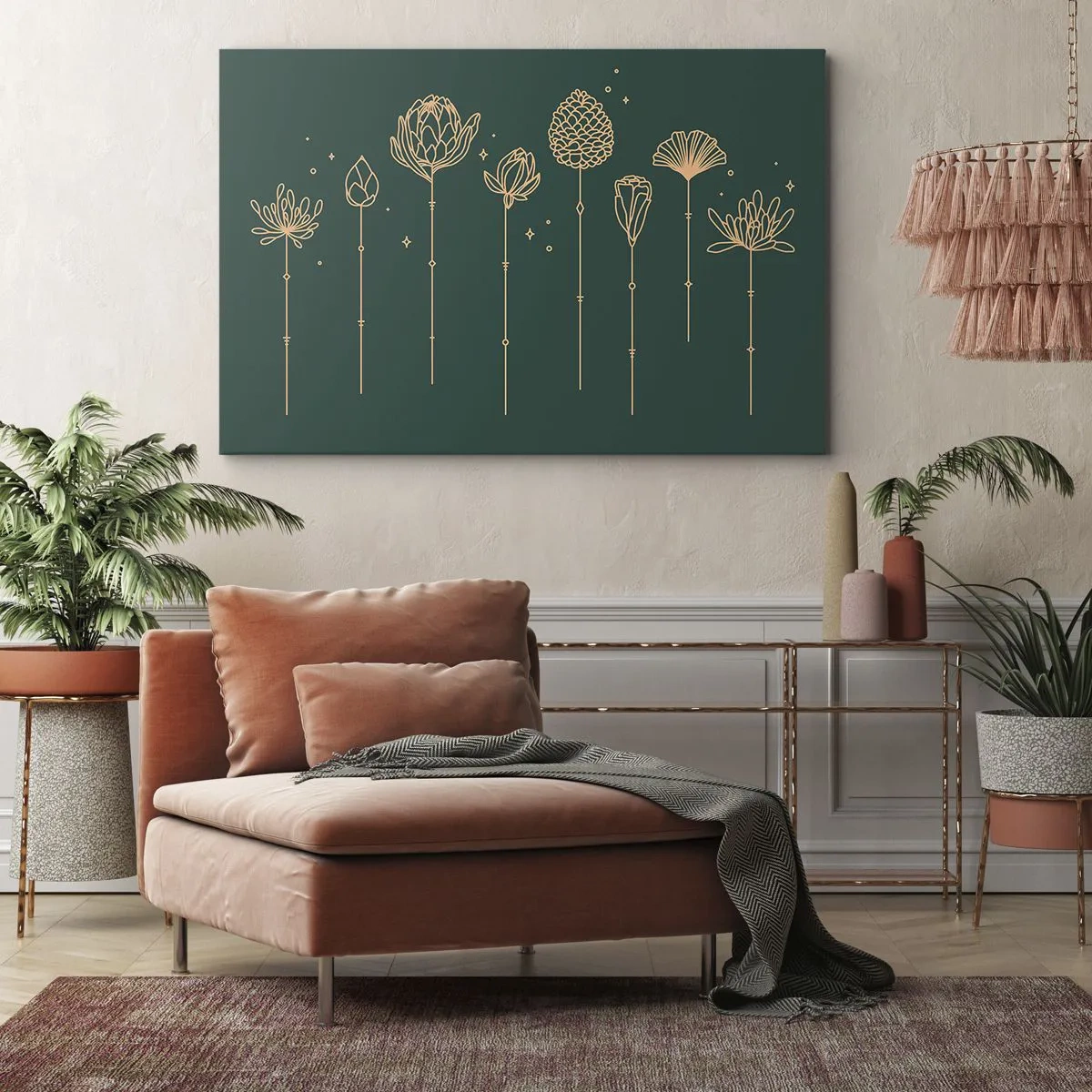 Cuadro sobre lienzo - Impresión de Imagen - Dibujos dorados de hierbas sobre un fondo verde oscuro. - 70x50cm - La familia vegetal - Decoración de pared moderna para salón y dormitorio ARTTOR