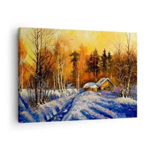 Cuadro sobre lienzo - Impresión de Imagen - Paisaje invernal con una casa a la luz del sol poniente. - 70x50cm - Una impresión invernal al sol - Decoración de pared moderna para salón y dormitorio ARTTOR