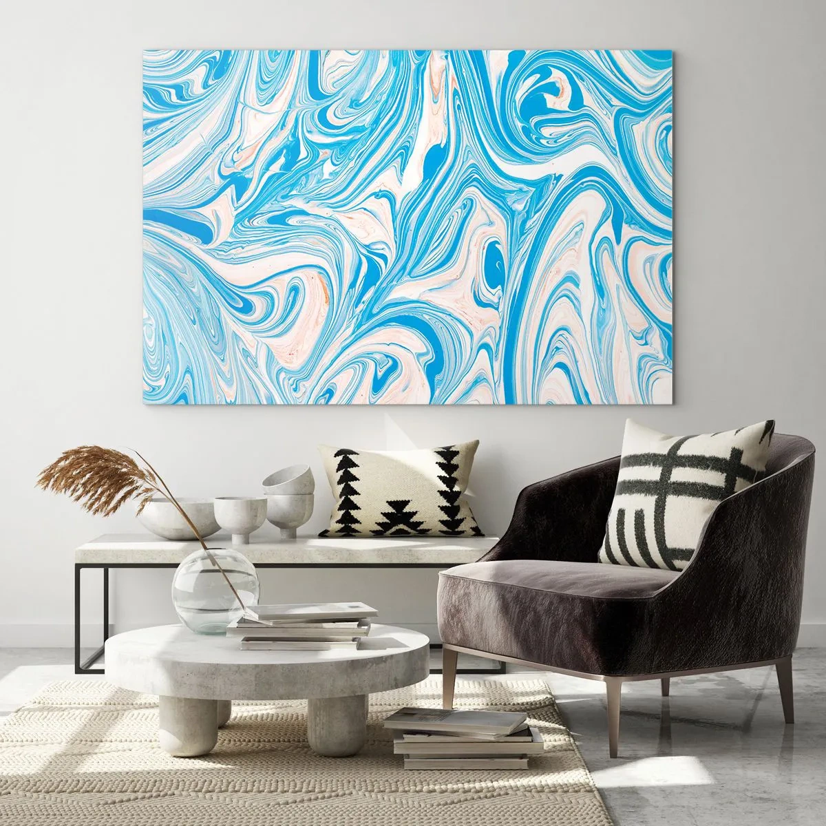 Cuadro sobre vidrio - Impresiones sobre Vidrio - Patrón abstracto en tonos turquesa y beige. - 70x50cm - Llanura de inundación turquesa - Decoración de pared moderna para salón y dormitorio ARTTOR