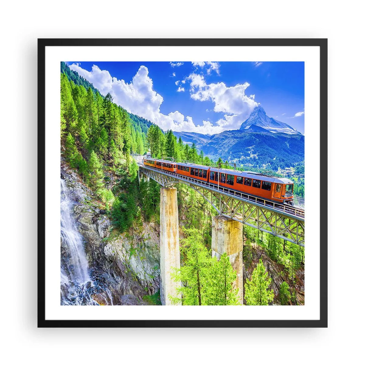 Póster en marco negro - Ferrocarril a los Alpes - 60x60 cm