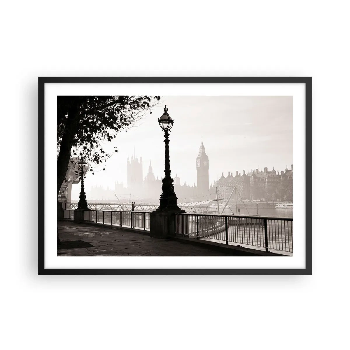 Póster en marco negro - Una vista monocromática del Big Ben y el Támesis. - 70x50cm - La mañana de Londres - Decoración de pared moderna para salón y dormitorio ARTTOR