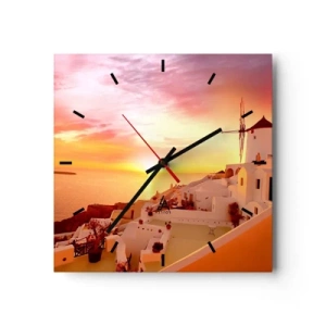 Reloj de pared - Reloj de vidrio - Santorini al atardecer con un molino de viento - 30x30cm - Blanco y dorado - Decoración de pared moderna para salón y dormitorio ARTTOR