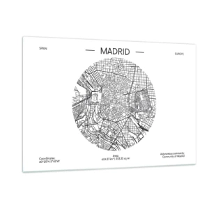 Cuadro sobre vidrio - Impresiones sobre Vidrio - Un mapa minimalista de Madrid en blanco y negro en forma circular. - 120x80cm - Anatomía de Madrid - Decoración de pared moderna para salón y dormitorio ARTTOR