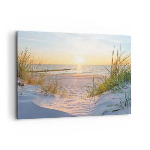 Cuadro sobre lienzo - Impresión de Imagen - Una playa de arena con vistas a la puesta de sol sobre el mar. - 100x70cm - El sonido del mar, el canto de los pájaros, una playa virgen entre las dunas... - Decoración de pared moderna para salón y dormitorio A