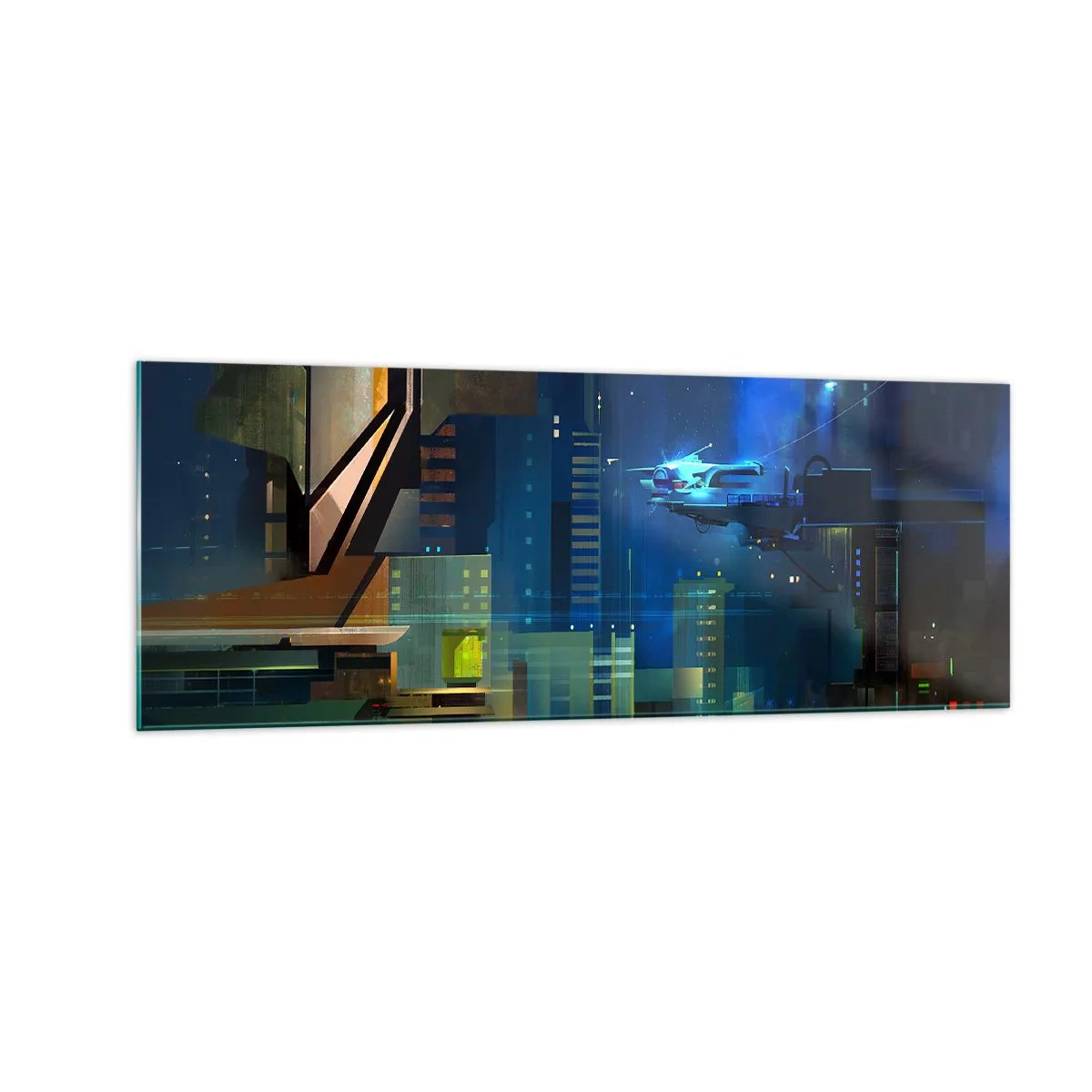 Cuadro sobre vidrio - Impresiones sobre Vidrio - Ciudad futurista de noche con luces de neón y un vehículo volador. - 140x50cm - En un futuro próximo - Decoración de pared moderna para salón y dormitorio ARTTOR