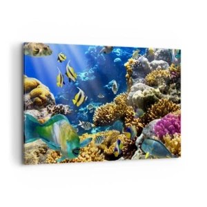 Cuadro sobre lienzo - Impresión de Imagen - Un colorido arrecife de coral con peces tropicales en las profundidades del océano. - 120x80cm - Vacaciones submarinas - Decoración de pared moderna para salón y dormitorio ARTTOR
