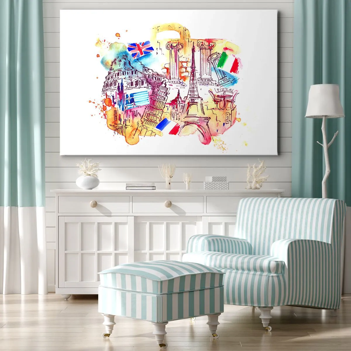 Cuadro sobre lienzo - Impresión de Imagen - Acuarela de símbolos europeos con banderas de países. - 70x50cm - Gira europea - Decoración de pared moderna para salón y dormitorio ARTTOR