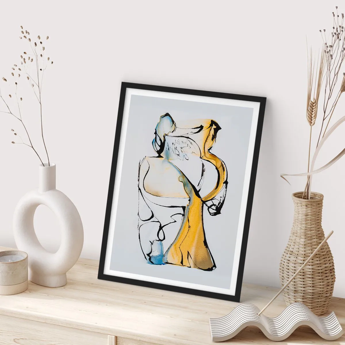 Póster en marco negro - Una figura abstracta en negro, amarillo y azul, que expresa movimiento y emoción. - 50x70cm - Abstracción de cristal - Decoración de pared moderna para salón y dormitorio ARTTOR