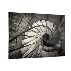 Cuadro sobre vidrio - Impresiones sobre Vidrio - Una escalera de caracol en blanco y negro vista desde una vista de pájaro - 100x70cm - Escaleras arriba, escaleras abajo - Decoración de pared moderna para salón y dormitorio ARTTOR