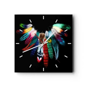 Reloj de pared - Reloj de vidrio - Plumas de colores sobre un fondo negro en una composición artística. - 30x30cm - Collar indio - Decoración de pared moderna para salón y dormitorio ARTTOR