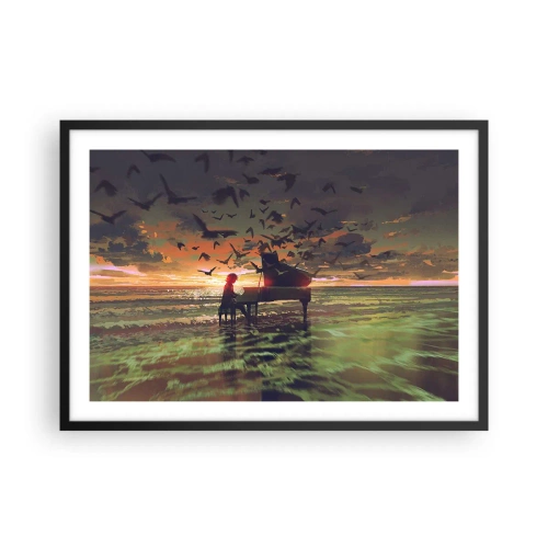 Póster en marco negro - Un piano en la orilla del mar al atardecer con pájaros. - 70x50cm - Concierto de piano y olas - Decoración de pared moderna para salón y dormitorio ARTTOR