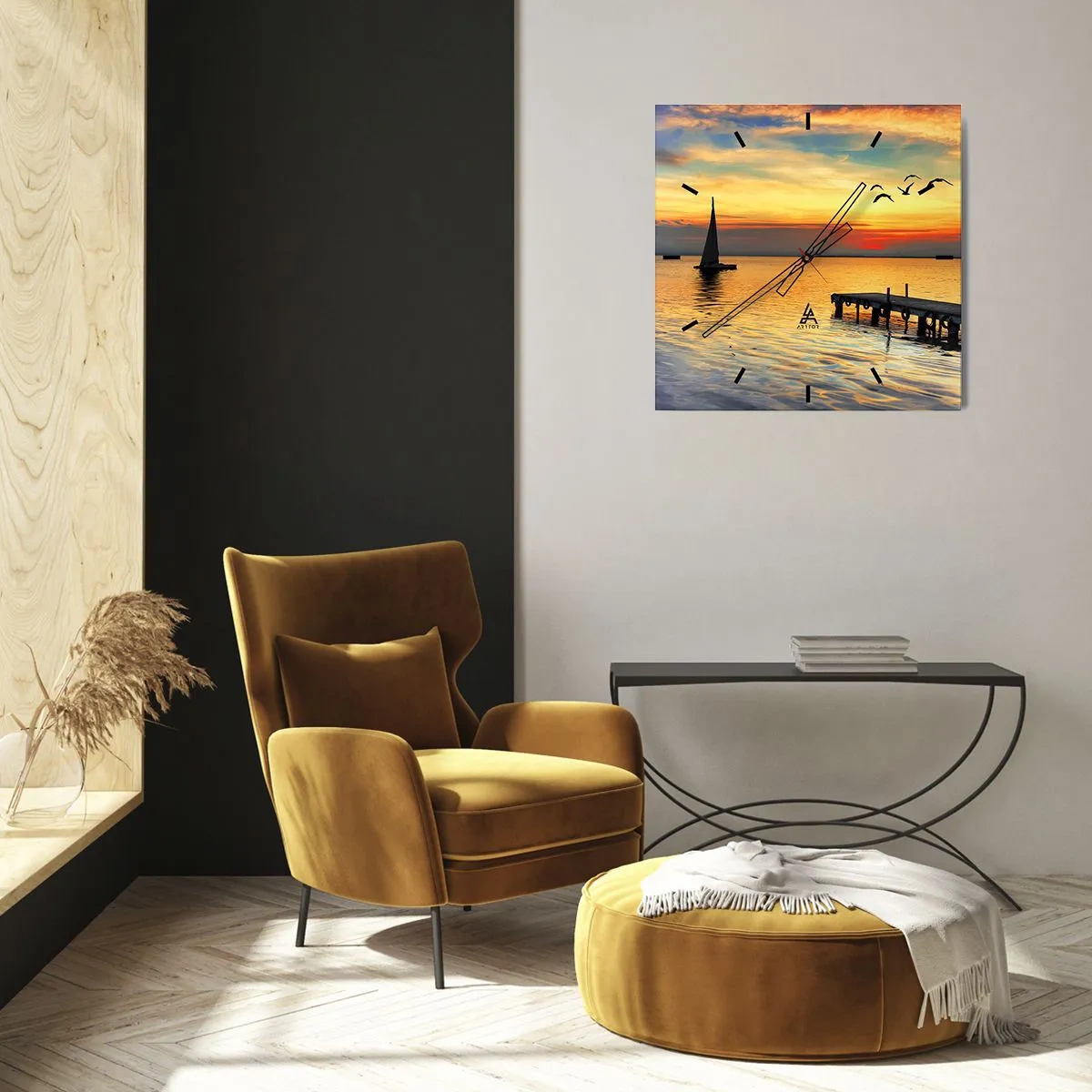 Reloj de pared - Reloj de vidrio - Puesta de sol con un velero y un muelle en un lago tranquilo - 30x30cm - Regresos nocturnos - Decoración de pared moderna para salón y dormitorio ARTTOR