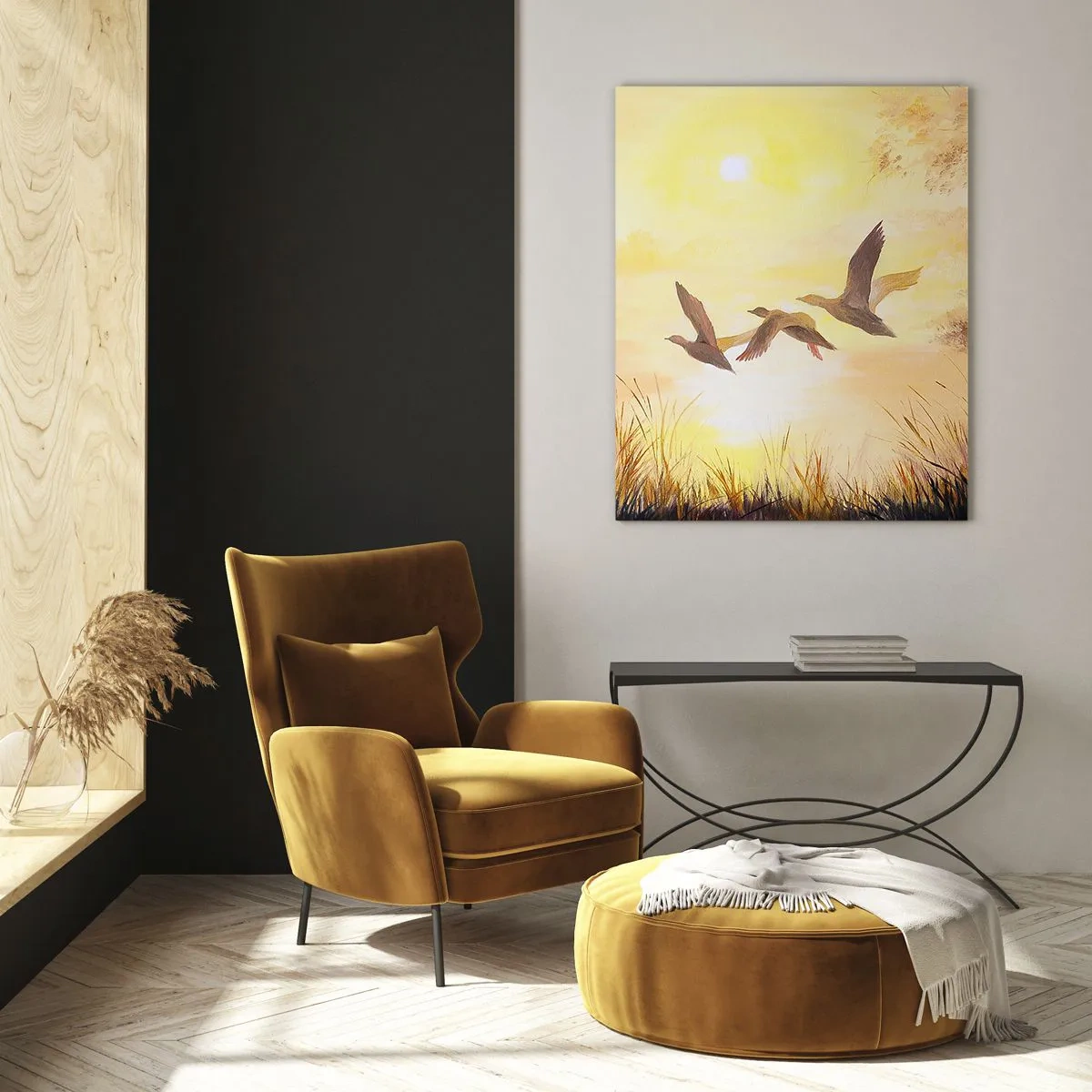 Cuadro sobre vidrio - Impresiones sobre Vidrio - Tres patos volando sobre un lago al amanecer - 50x70cm - El comienzo de un largo viaje - Decoración de pared moderna para salón y dormitorio ARTTOR