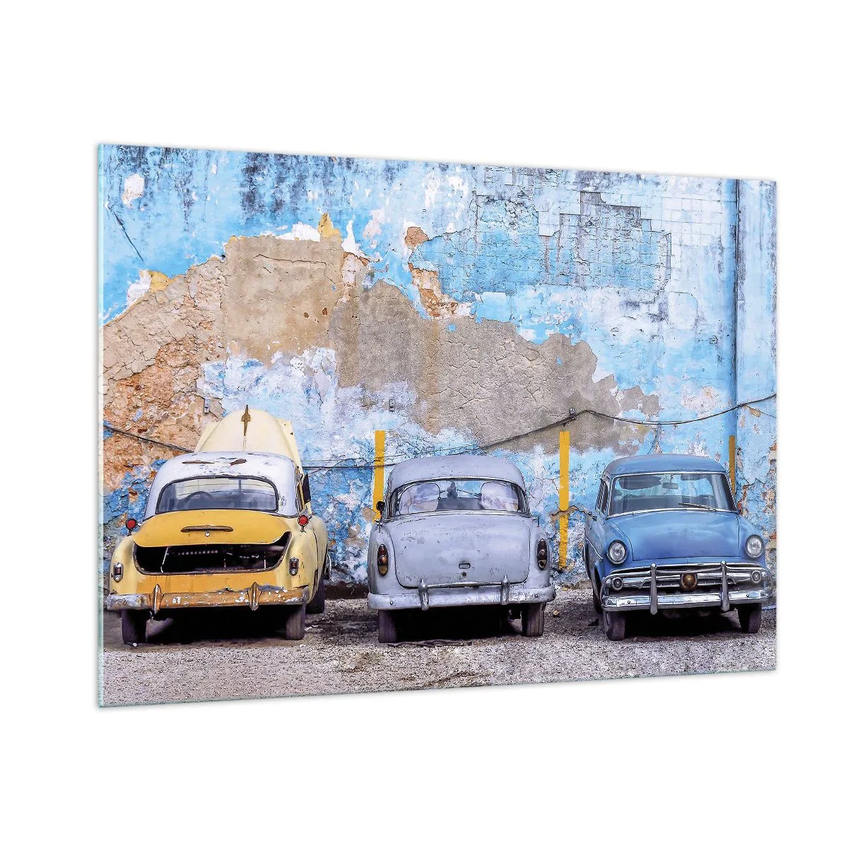Cuadro sobre vidrio - Impresiones sobre Vidrio - Coches antiguos con un muro en ruinas como telón de fondo - 100x70cm - Reunión de veteranos - Decoración de pared moderna para salón y dormitorio ARTTOR
