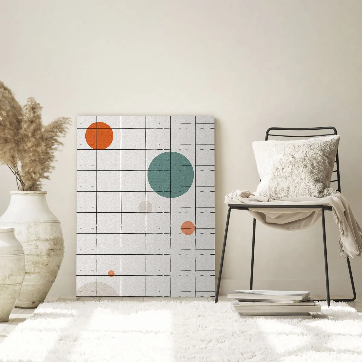 Cuadro sobre vidrio - Impresiones sobre Vidrio - Círculos de colores abstractos sobre un fondo de cuadrícula geométrica - 80x120cm - Atrapados. ¿Nosotros o ellos? - Decoración de pared moderna para salón y dormitorio ARTTOR