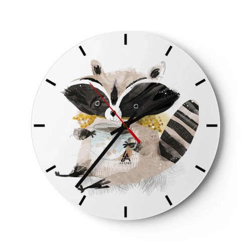 Reloj de pared - Reloj de vidrio - Un lindo mapache sosteniendo una taza de bebida caliente sobre un fondo blanco. - 30x30cm - Mi amigo mapache - Decoración de pared moderna para salón, cocina y dormitorio ARTTOR
