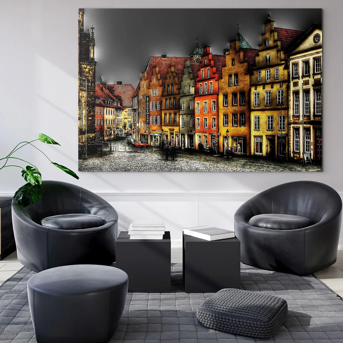 Cuadro sobre vidrio - Impresiones sobre Vidrio - Casas de vecindad coloridas contra el fondo de un cielo nublado - 70x50cm - Solo falta un carruaje encantado - Decoración de pared moderna para salón y dormitorio ARTTOR