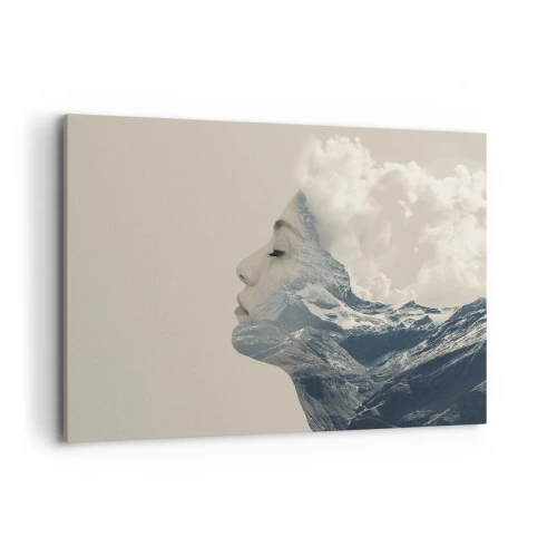 Cuadro sobre lienzo - Impresión de Imagen - Silueta de una mujer con un paisaje montañoso al fondo - 100x70cm - La belleza de los elementos - Decoración de pared moderna para salón y dormitorio ARTTOR